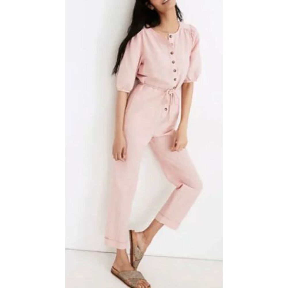 Madewell Pink Linen Blend Puff Sleeve Jumpsuit - Size L